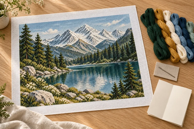 Predtlačený krajinný gobelín na vyšívacom plátne, vybrané nite a ihla. Ilustračný obrázok.