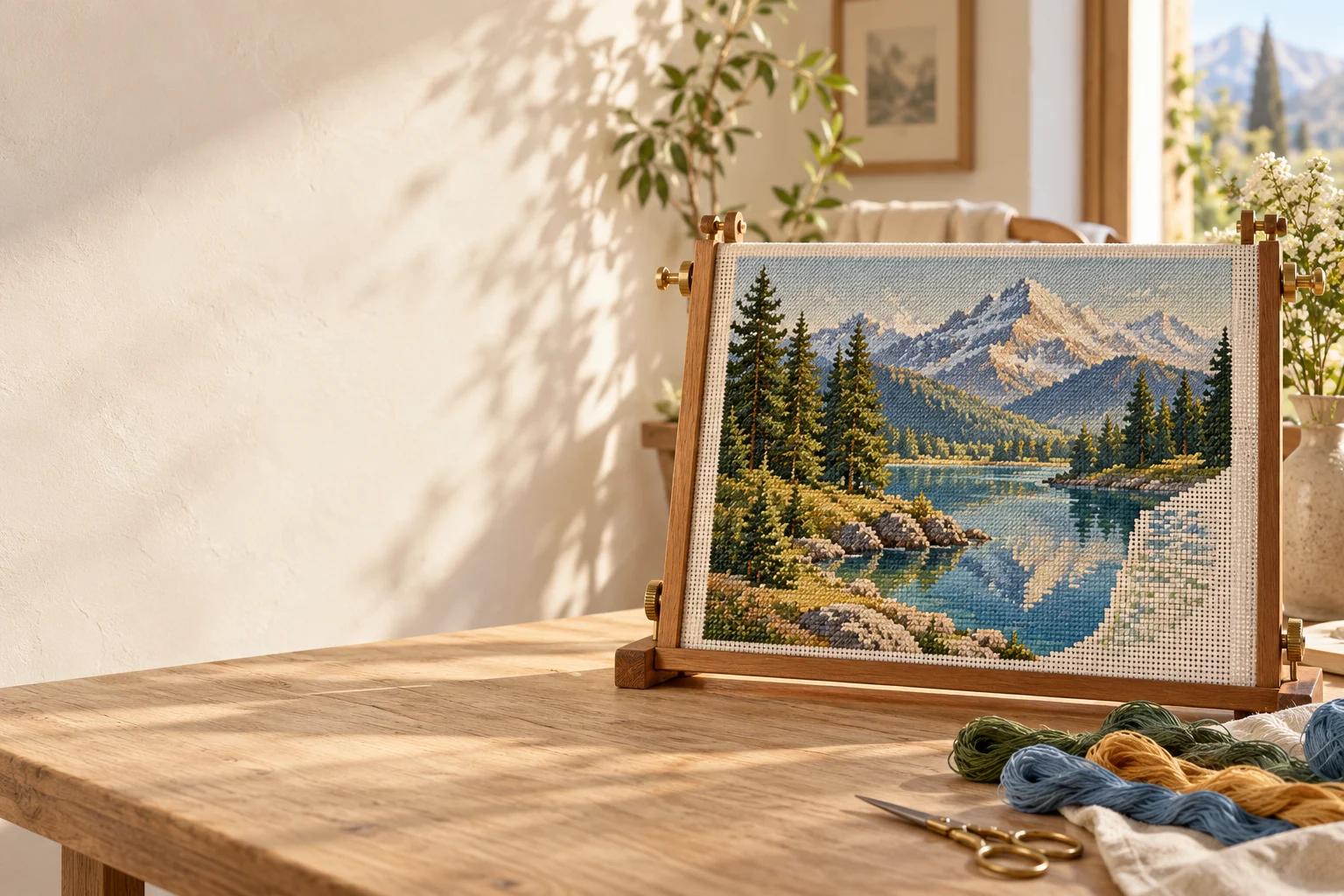 Alpské krajiny zobrazené gobelínom na štvorcovom ráme, s niťami, v slnečnej dielni. Atmosférická ilustrácia.