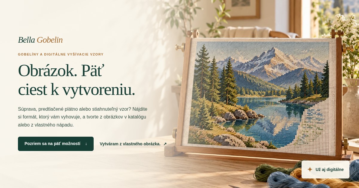 Alpské krajiny zobrazené gobelínom na štvorcovom ráme, s niťami, v slnečnej dielni. Atmosférická ilustrácia.