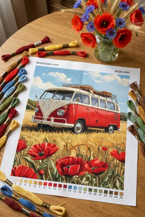 Volkswagen brouk v kvetinovom poli pipíc