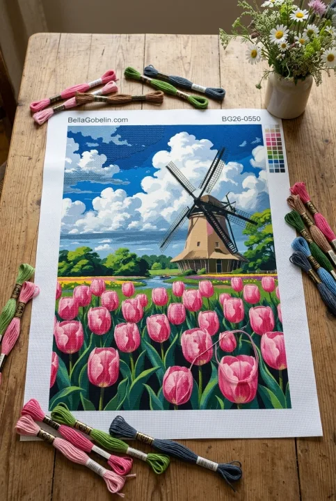 Holandský veterný mlyn s tulipánovým poľom