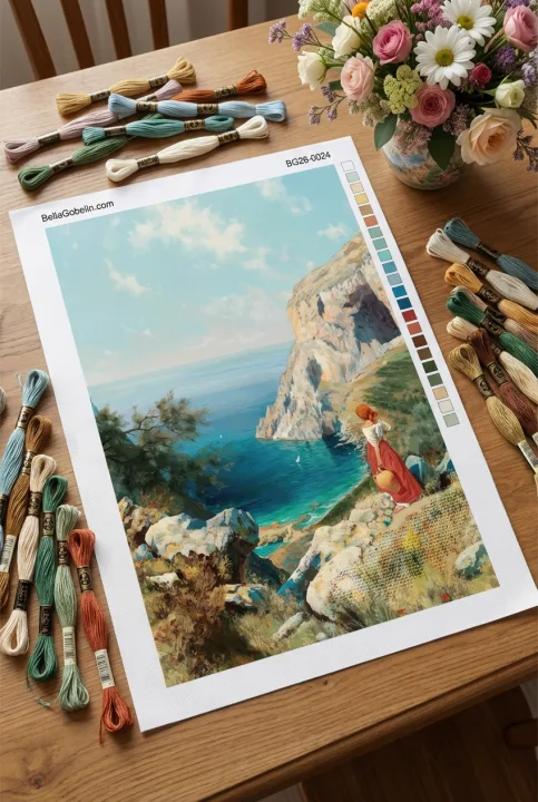 Mediterránsky obraz so ženou na gobelíne