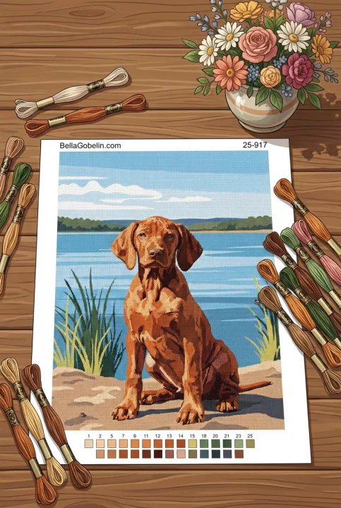 Obtisk psíka - Peckes Vizsla šteňa pri jazere
