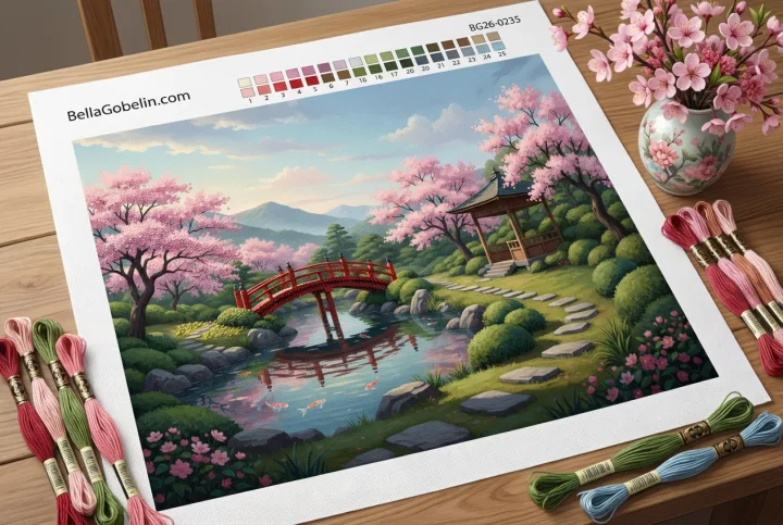 Japonská záhrada s kvitnúcimi čerešňami