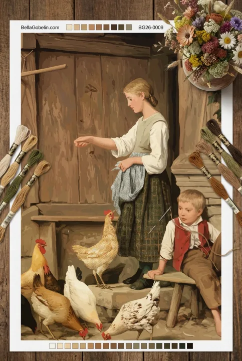 Albert Anker - Kŕmenie detí kuriatkami replika