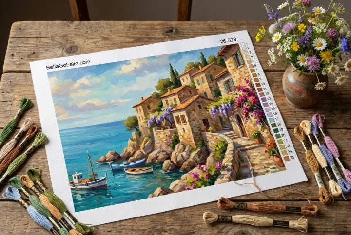 Nádherný mediteránny obrázok, vyšívaný gobelin-tapestry.