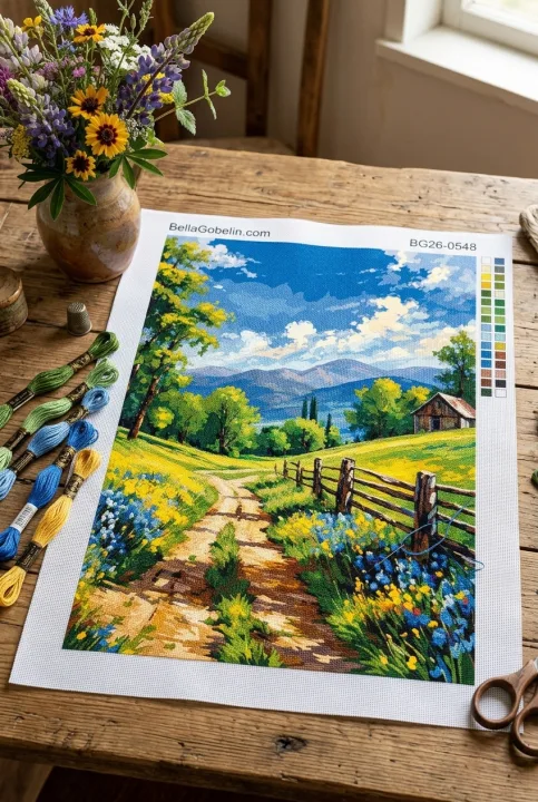 Vidiecka krajina s kvetinovou cestou