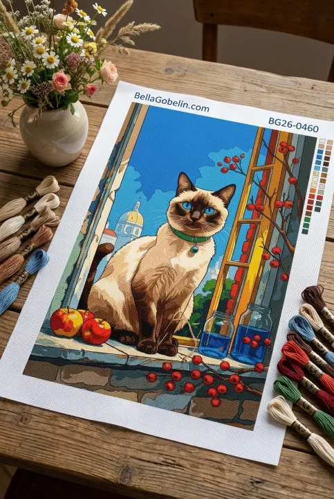 Siamská mačka v gobelíne