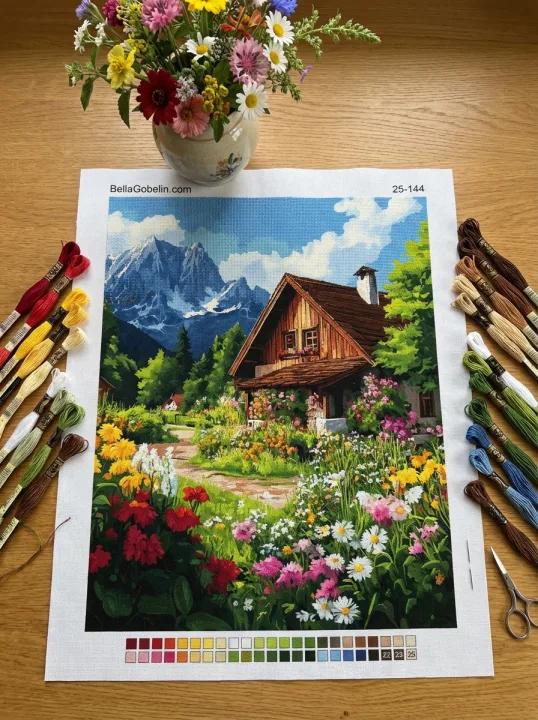 Lesný domček so krásnou kvetinovou záhradou