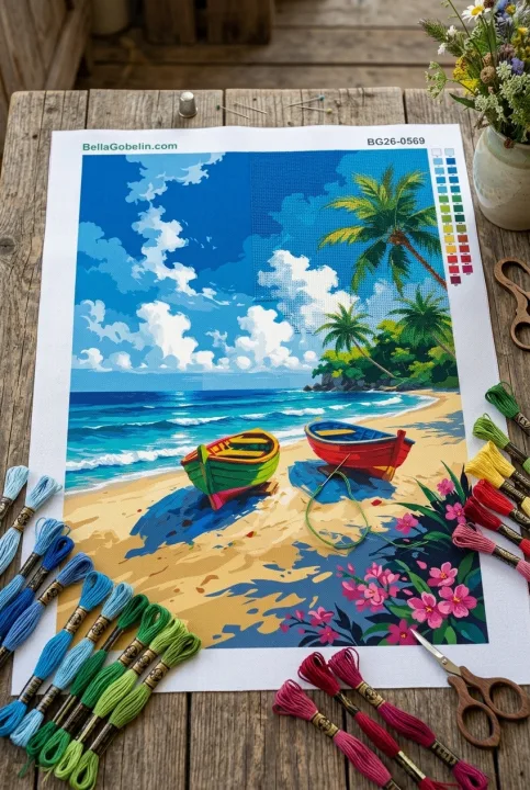 Vyšívané člny na tropickej pláži