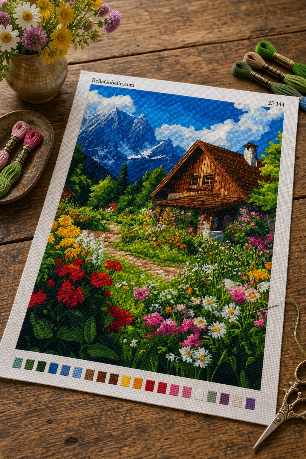 Ilustrácia: Lesný domček so krásnou kvetinovou záhradou