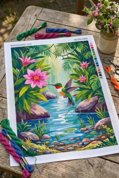 Kolibrík pri tropickom potoku