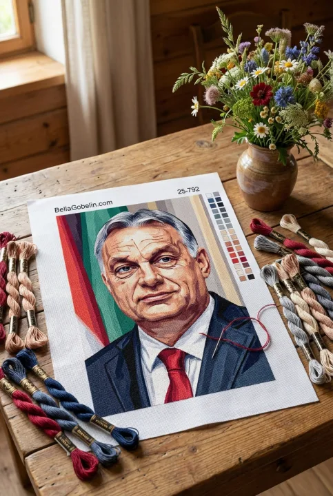 Portrét Viktora Orbána, vyšívaná tapiséria na gobelínovej technike