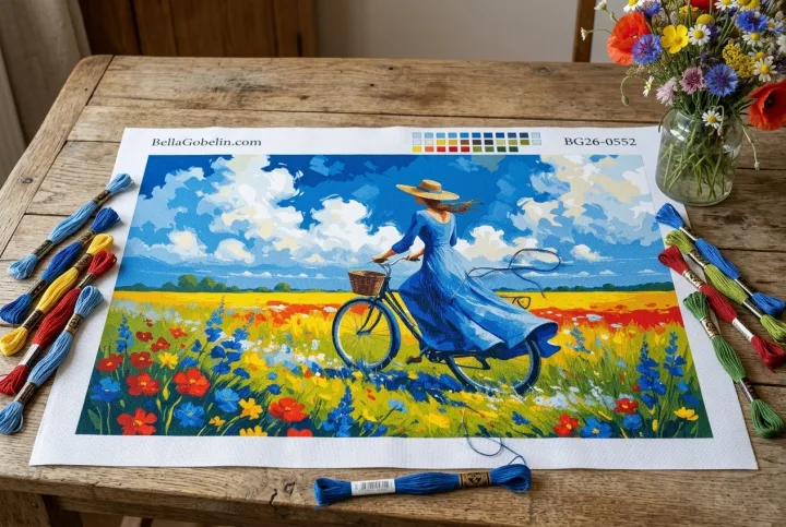 Dáma na bicykli na kvetinovej lúke