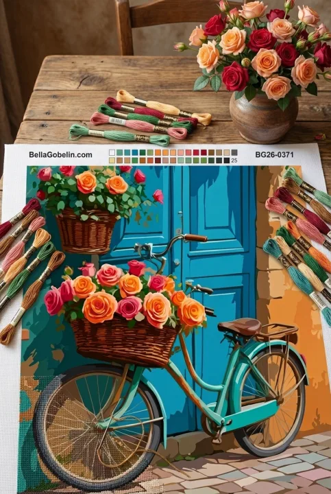 Kvetinový bicykel pred modrými dverami