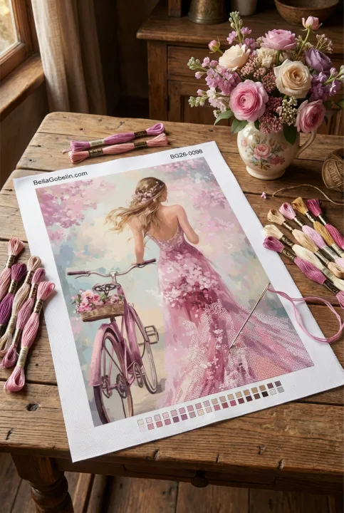 Dievča s kvetinami na bicykli