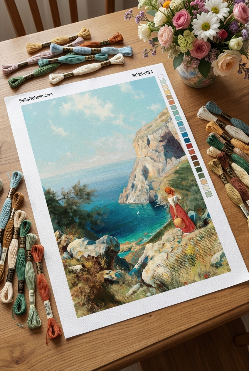 Mediterránsky obraz so ženou na gobelíne