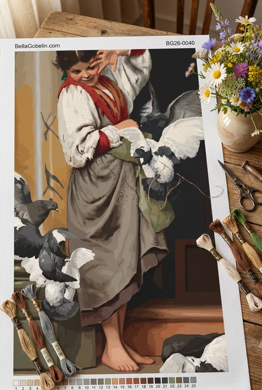 Ettore Tito - Replika obrázku "Dievčatko a holubice"