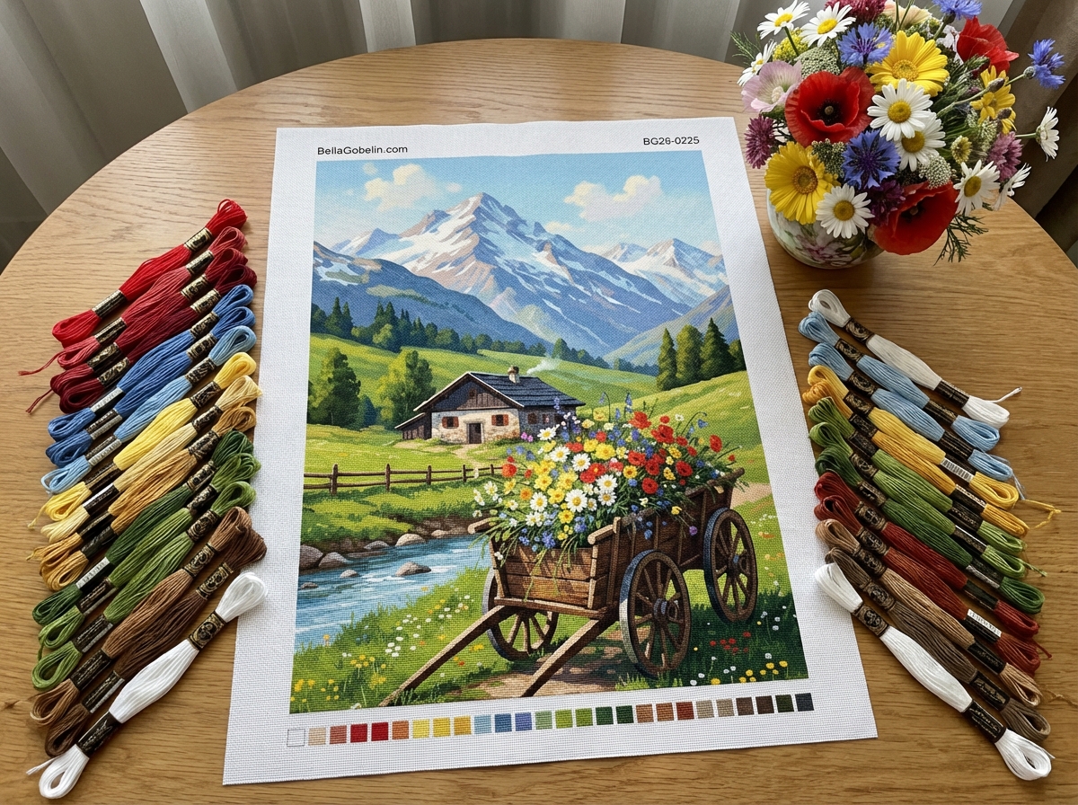 Alpská krajina s kvetinovým vozom – BG26-0225