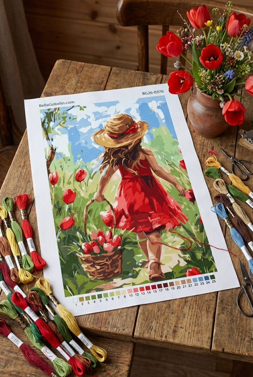 Dievča s tulipánmi na lúke