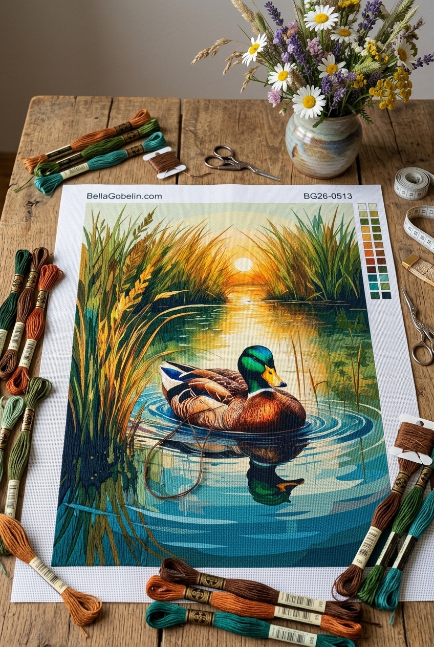 Kačica na jazere pri západe slnka