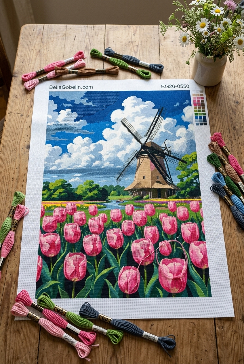 Holandský veterný mlyn s tulipánovým poľom