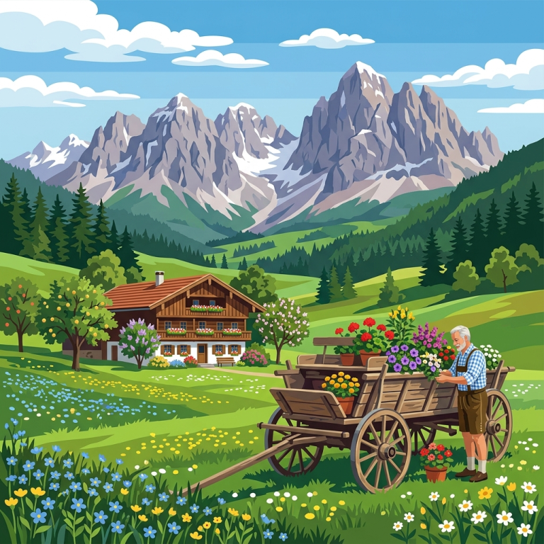 Alpesi táj virágos szekérrel – BG26-0587