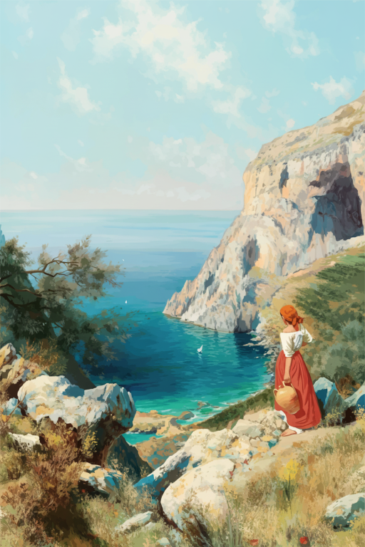 Mediterrán tájkép nővel