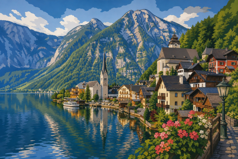 Hallstatt az alpesi tó partján