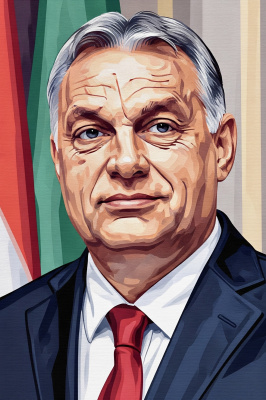 Portrét Viktora Orbána, vyšívaná tapiséria na gobelínovej technike
