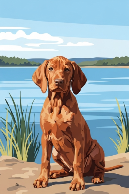 Obtisk psíka - Peckes Vizsla šteňa pri jazere