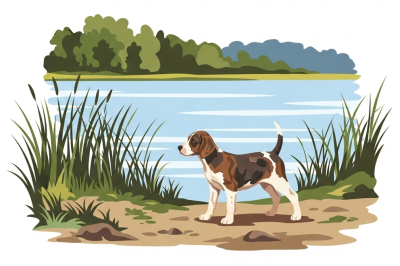 Psie portré - Beagle pri jazere