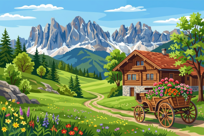 Alpská krajina s kvetinovým vozom – BG26-0588