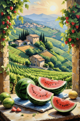 Toscania krajina s vodnými melónmi