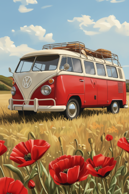 Volkswagen brouk v kvetinovom poli pipíc