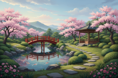 Japonská záhrada s kvitnúcimi čerešňami