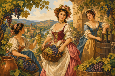 Vinobranie s dvoranou dámy gobelínová životná scéna