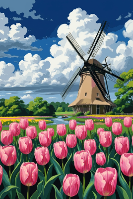 Holandský veterný mlyn s tulipánovým poľom