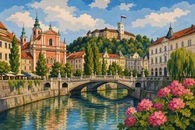 Rieka v Ľubľane s kvetmi