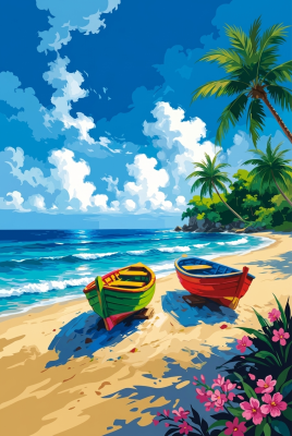 Vyšívané člny na tropickej pláži