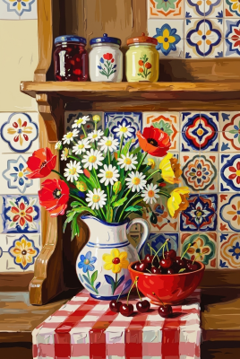 Vidiecke kuchynské zátišie (vyšívané gobelínom)