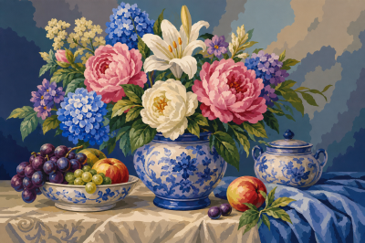 Kvetinová zátišie s modrou porcelánou