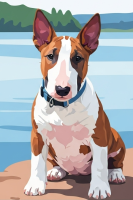 Fotografia psa - Bullterrier pri jazere, vyšívané gobelínovou technikou