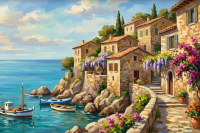 Nádherný mediteránny obrázok, vyšívaný gobelin-tapestry.