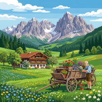 Alpská krajina s kvetinovým vozom – BG26-0587