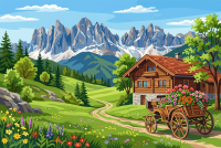 Alpská krajina s kvetinovým vozom – BG26-0588