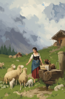 Alpínska krajina s vyšívaným gobelínom s motívom ženy, ktorá umýva.