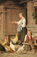 Albert Anker - Kŕmenie detí kuriatkami replika