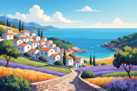Mediteránna krajina s levanduľovým poľom