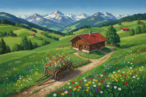 Alpská krajina s kvetinovým vozom – BG26-0226